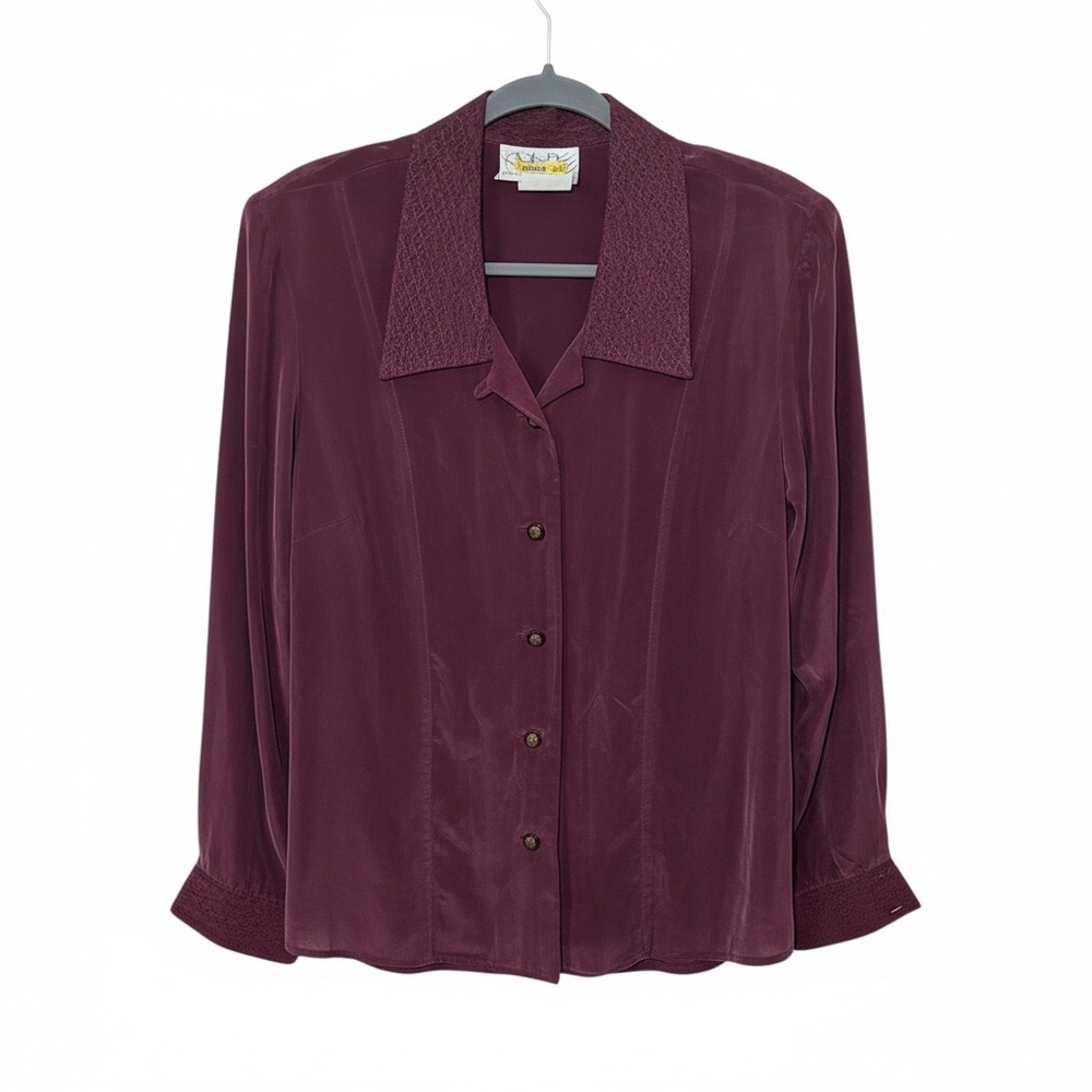 Vintage Sueded Velvet‎ Button Blouse M.P. Michael Phillips Burgundy Size 14 90s